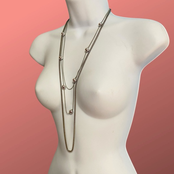 Silver Tone Triple Strand Chain Necklace With Accent Beads - Picture 1 of 6